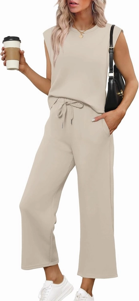 SAMPEEL Two Piece Sets for Women Casual Travel Vacation Outfits Summer Wide Leg Crop Pants Lounge Sets