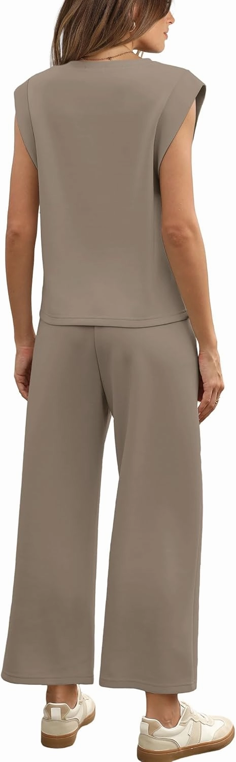 SAMPEEL Two Piece Sets for Women Casual Travel Vacation Outfits Summer Wide Leg Crop Pants Lounge Sets