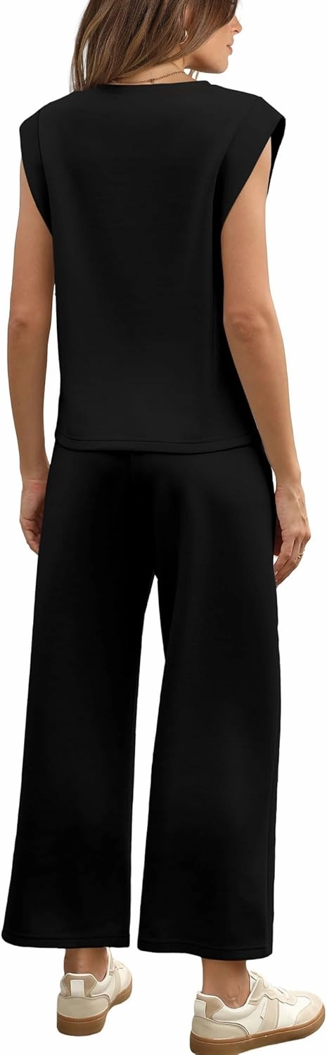 SAMPEEL Two Piece Sets for Women Casual Travel Vacation Outfits Summer Wide Leg Crop Pants Lounge Sets