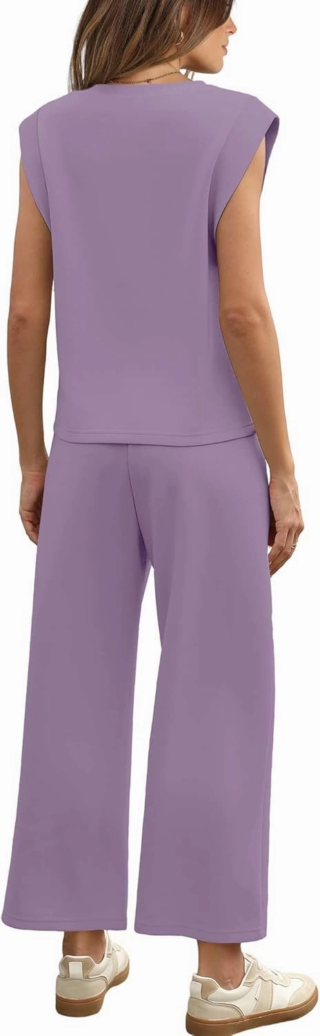 SAMPEEL Two Piece Sets for Women Casual Travel Vacation Outfits Summer Wide Leg Crop Pants Lounge Sets