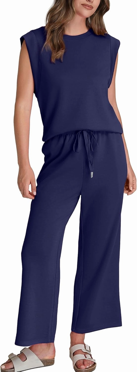 SAMPEEL Two Piece Sets for Women Casual Travel Vacation Outfits Summer Wide Leg Crop Pants Lounge Sets