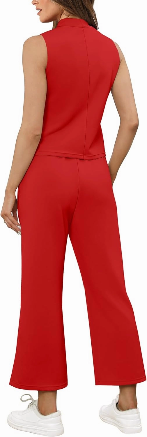 SAMPEEL Two Piece Sets for Women Summer Outfits Lounge Sets Mock Neck Tops Wide Leg Crop Pants Vacation Travel Outfits