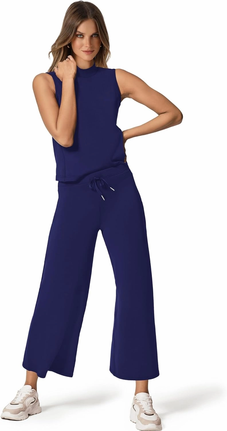 SAMPEEL Two Piece Sets for Women Summer Outfits Lounge Sets Mock Neck Tops Wide Leg Crop Pants Vacation Travel Outfits