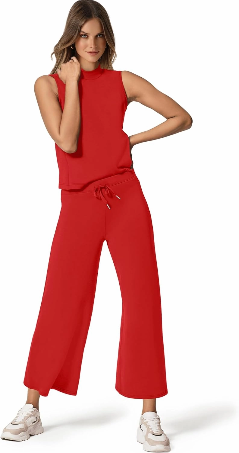 SAMPEEL Two Piece Sets for Women Summer Outfits Lounge Sets Mock Neck Tops Wide Leg Crop Pants Vacation Travel Outfits
