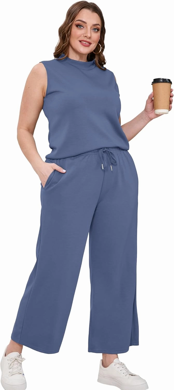 SAMPEEL Two Piece Sets for Women Summer Outfits Lounge Sets Mock Neck Tops Wide Leg Crop Pants Vacation Travel Outfits