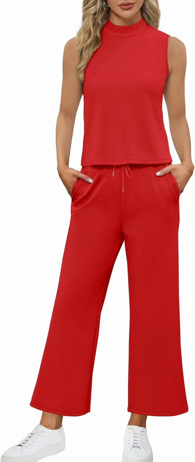 SAMPEEL Two Piece Sets for Women Summer Outfits Lounge Sets Mock Neck Tops Wide Leg Crop Pants Vacation Travel Outfits