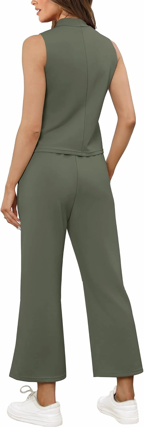 SAMPEEL Two Piece Sets for Women Summer Outfits Lounge Sets Mock Neck Tops Wide Leg Crop Pants Vacation Travel Outfits