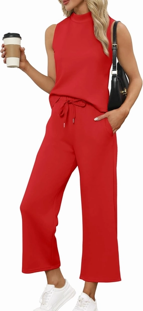 SAMPEEL Two Piece Sets for Women Summer Outfits Lounge Sets Mock Neck Tops Wide Leg Crop Pants Vacation Travel Outfits