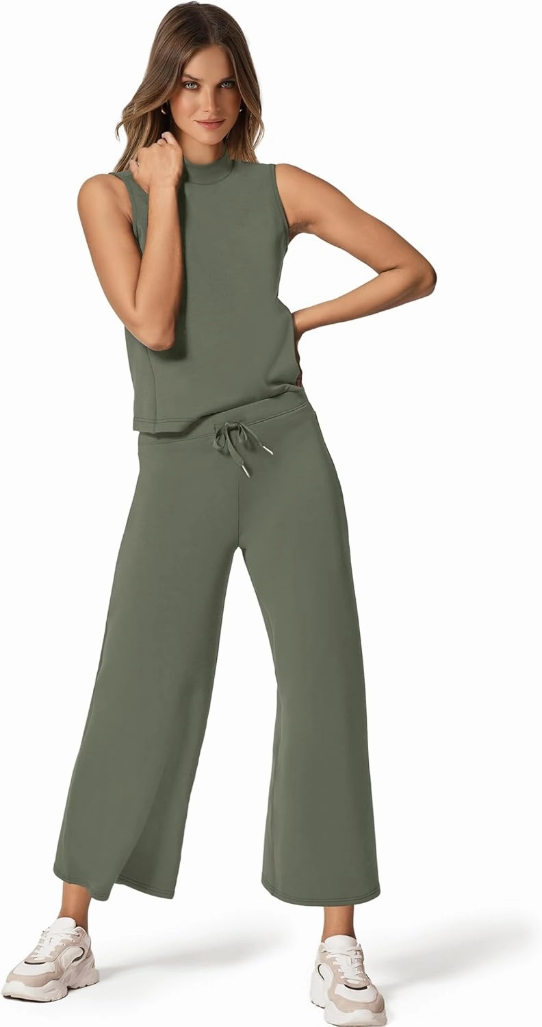 SAMPEEL Two Piece Sets for Women Summer Outfits Lounge Sets Mock Neck Tops Wide Leg Crop Pants Vacation Travel Outfits