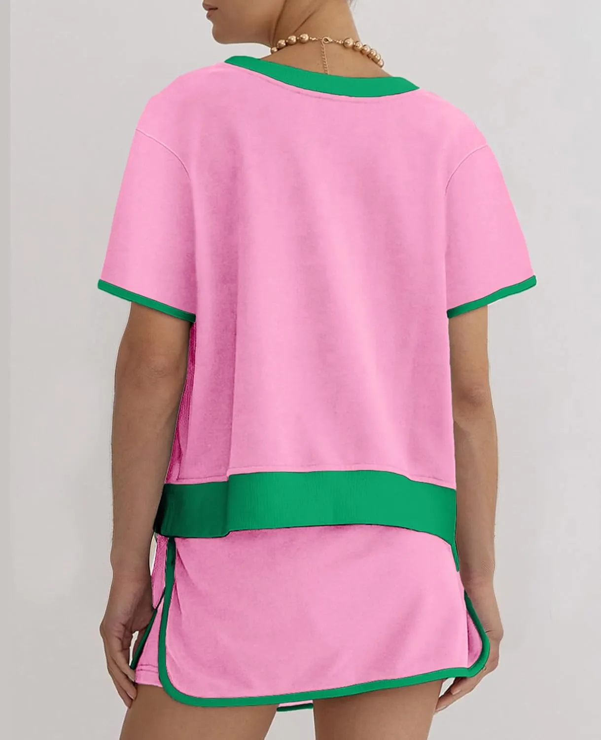 SELINK Lounge Sets for Women 2 Piece Skirt Colorblock Drop Shoulder T Shirt and Skort Set Summer Tracksuits