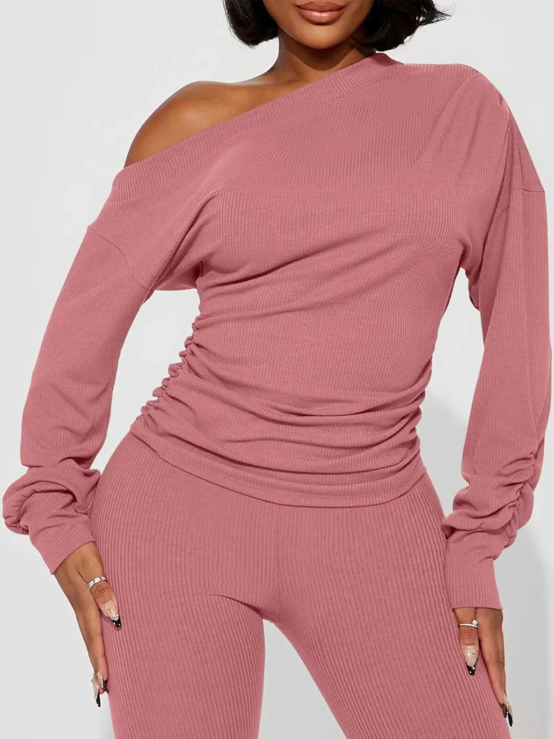 Sexy 2 Piece Outfits for Women One Off Shoulder Tops Ribbed Pant Set Tracksuit Clubwear