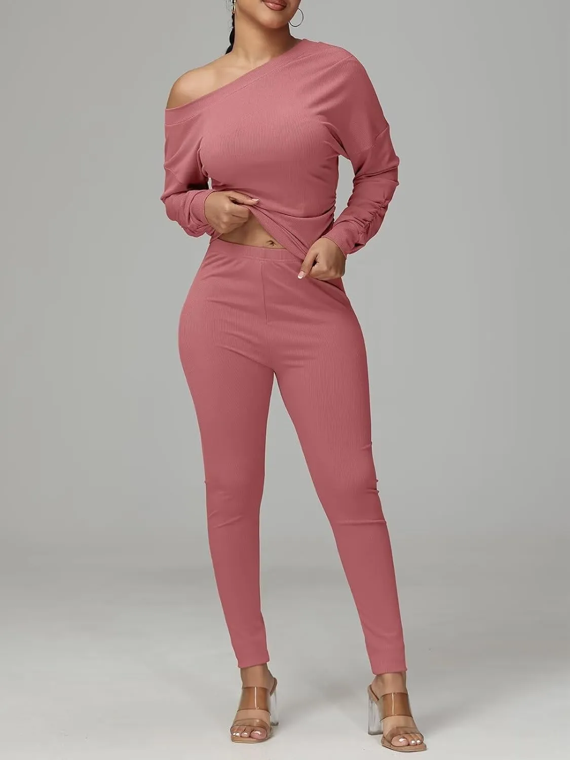 Sexy 2 Piece Outfits for Women One Off Shoulder Tops Ribbed Pant Set Tracksuit Clubwear