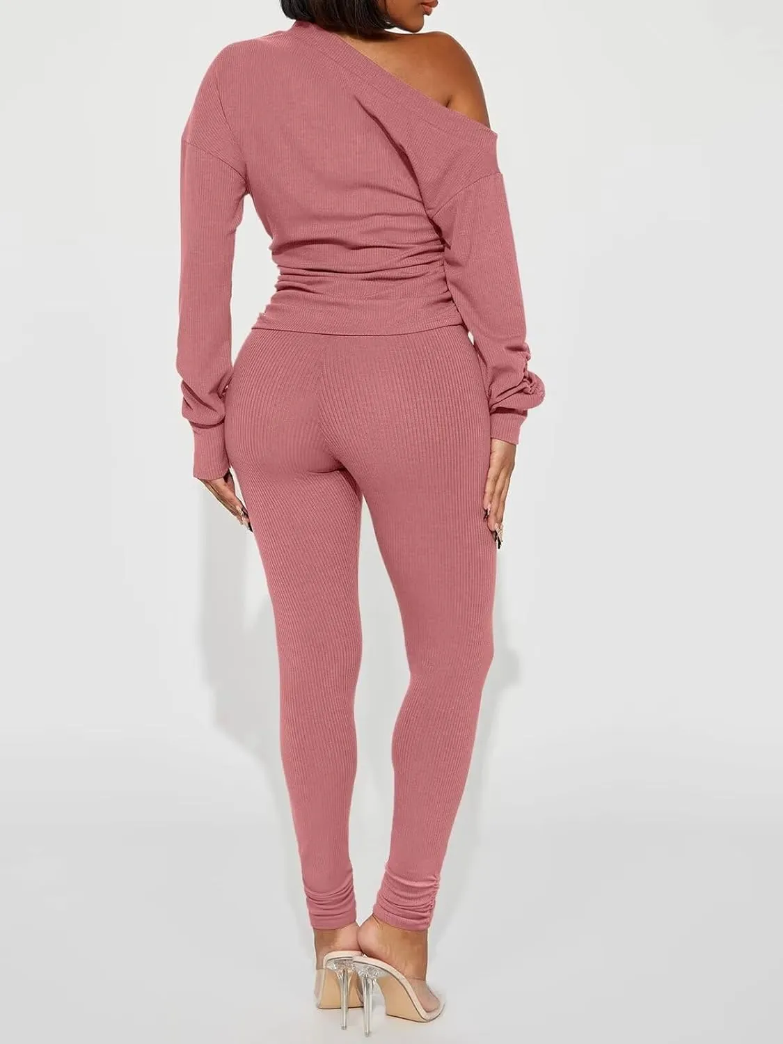 Sexy 2 Piece Outfits for Women One Off Shoulder Tops Ribbed Pant Set Tracksuit Clubwear
