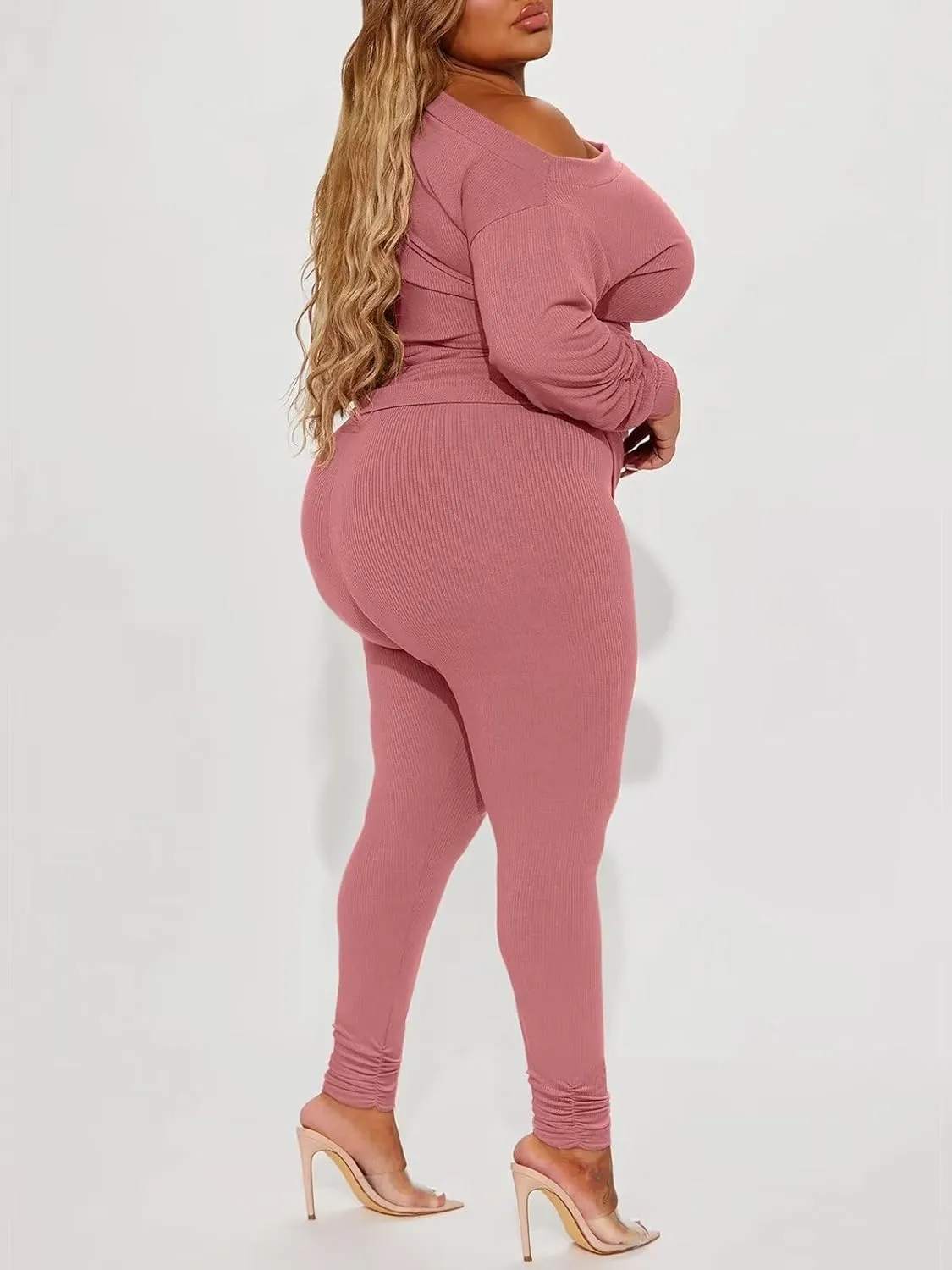 Sexy 2 Piece Outfits for Women One Off Shoulder Tops Ribbed Pant Set Tracksuit Clubwear