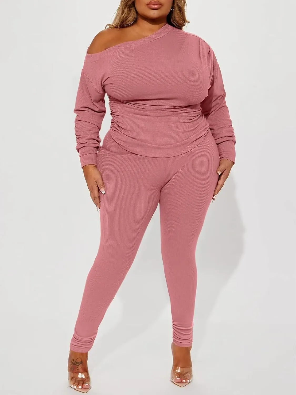 Sexy 2 Piece Outfits for Women One Off Shoulder Tops Ribbed Pant Set Tracksuit Clubwear