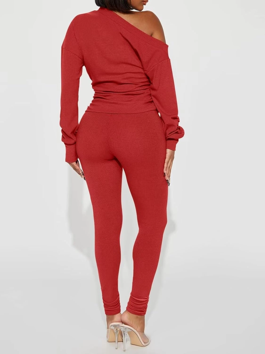 Sexy 2 Piece Outfits for Women One Off Shoulder Tops Ribbed Pant Set Tracksuit Clubwear