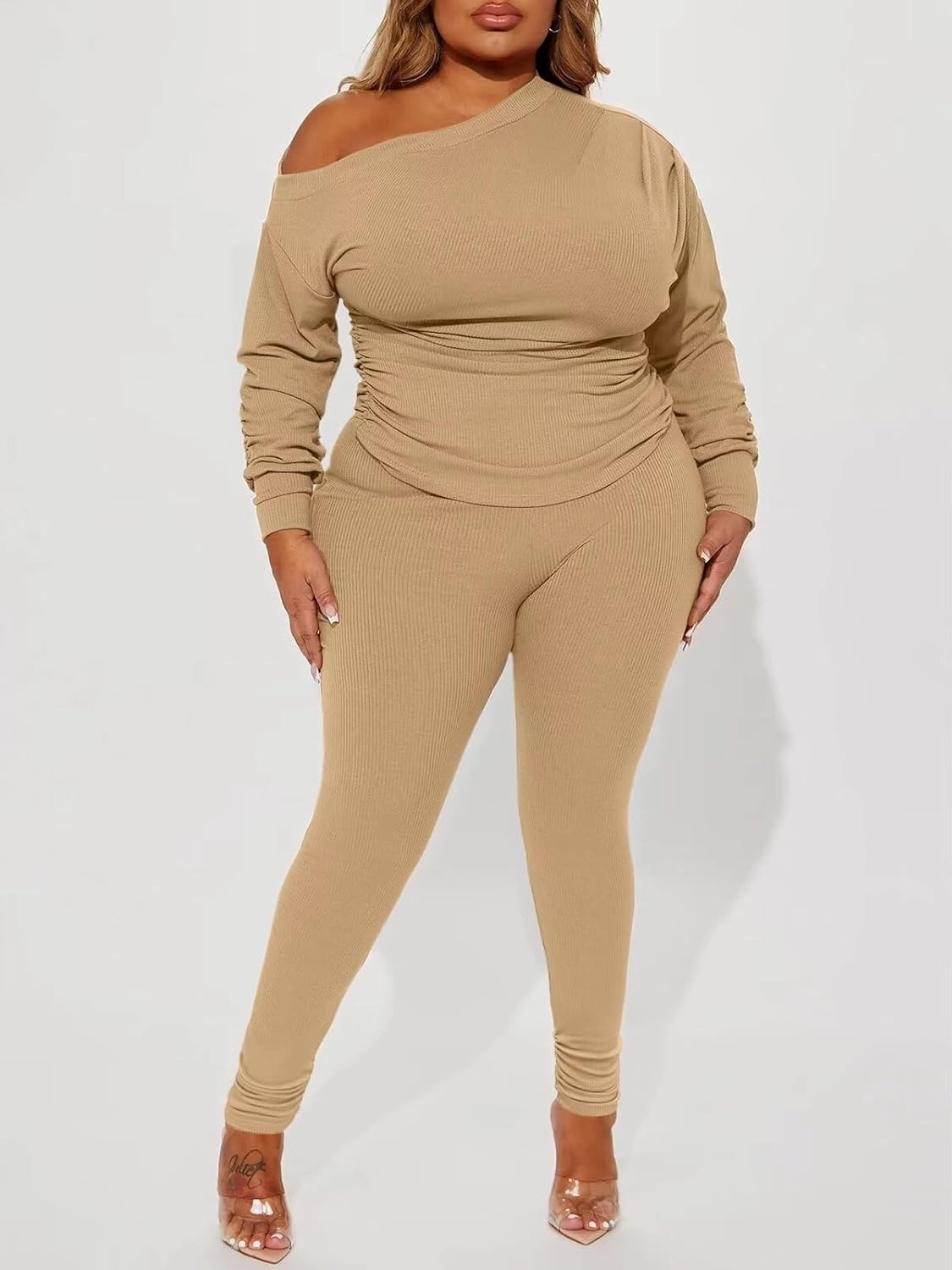 Sexy 2 Piece Outfits for Women One Off Shoulder Tops Ribbed Pant Set Tracksuit Clubwear