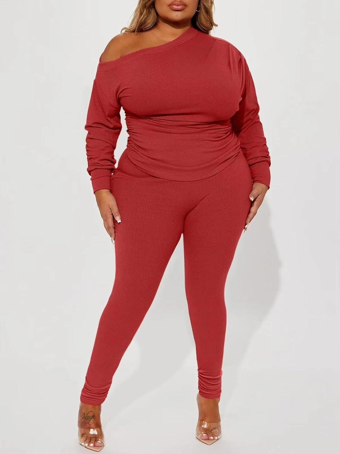 Sexy 2 Piece Outfits for Women One Off Shoulder Tops Ribbed Pant Set Tracksuit Clubwear