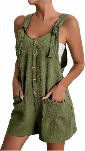 SHAOBGE Women's Button Down Jumpsuits Lace Up Solid Color Rompers Suspender Shorts Overalls Casual Outfit with Pockets