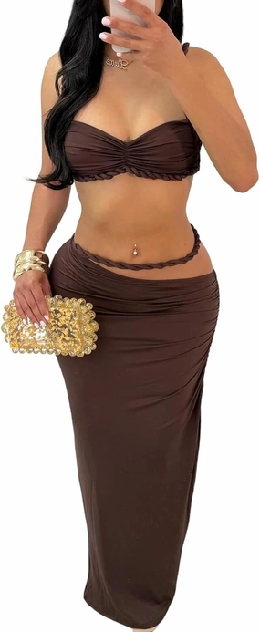 SHINFY Womens Summer Two Piece Maxi Skirt Sets Sexy Corset Top Ruched Long Skirt Beach Dress 2 Piece Club Outfits