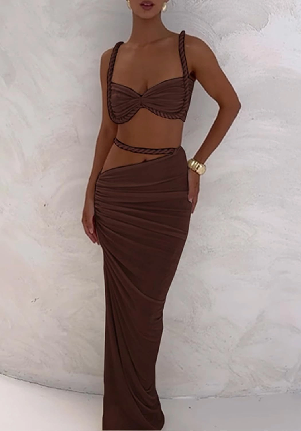 SHINFY Womens Summer Two Piece Maxi Skirt Sets Sexy Corset Top Ruched Long Skirt Beach Dress 2 Piece Club Outfits