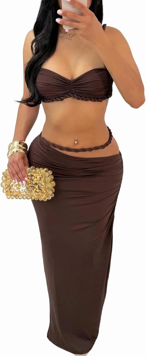 SHINFY Womens Summer Two Piece Maxi Skirt Sets Sexy Corset Top Ruched Long Skirt Beach Dress 2 Piece Club Outfits