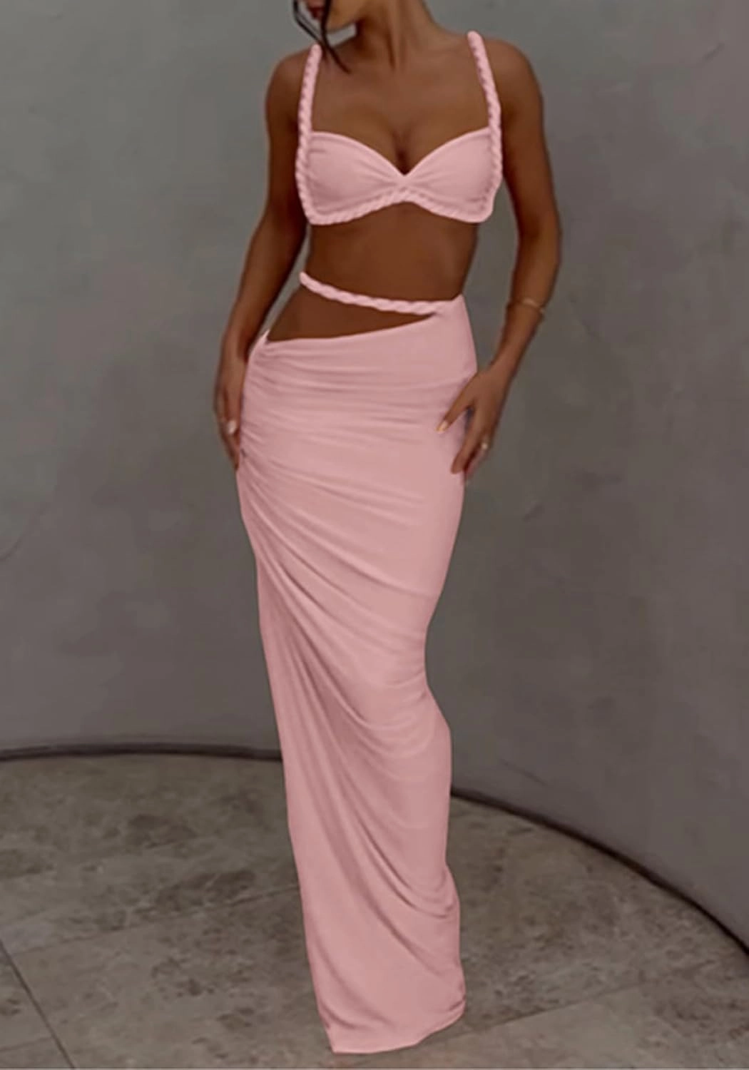 SHINFY Womens Summer Two Piece Maxi Skirt Sets Sexy Corset Top Ruched Long Skirt Beach Dress 2 Piece Club Outfits