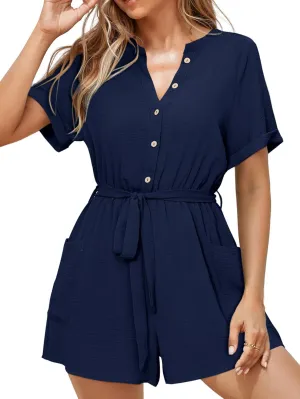 Simplee Women Summer Short Rompers V Neck Button Down Short Sleeve Belted Waist Tie Jumpsuits with Pockets