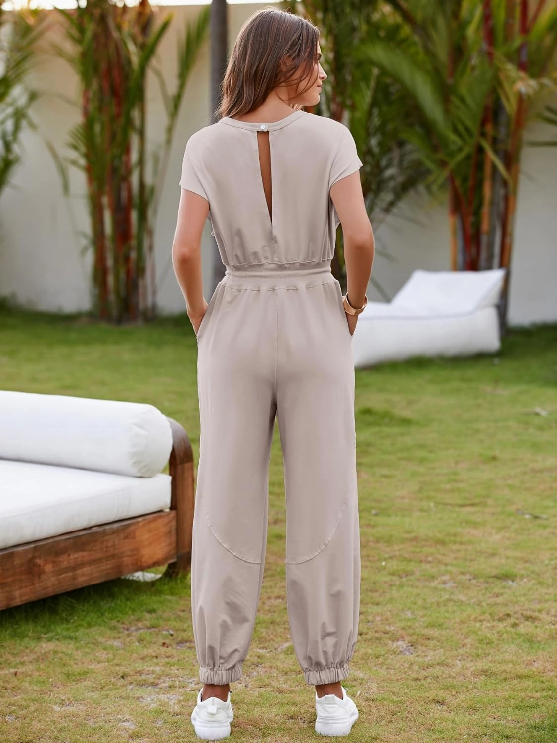 Simplee Women's Short Sleeve Casual Jumpsuit Loose Fit Open Back Summer Onesie Atheletic Jumpsuit with Pockets