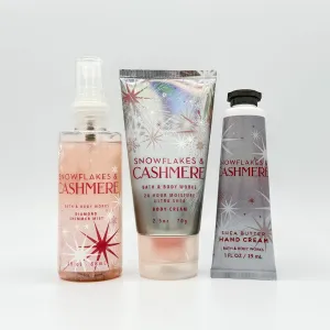 Snowflakes and Cashmere 3-Piece Bath TRAVEL SIZE Bundle | Body Shimmer Mist, Ultra Shea Body Cream and Shea Butter Hand Cream