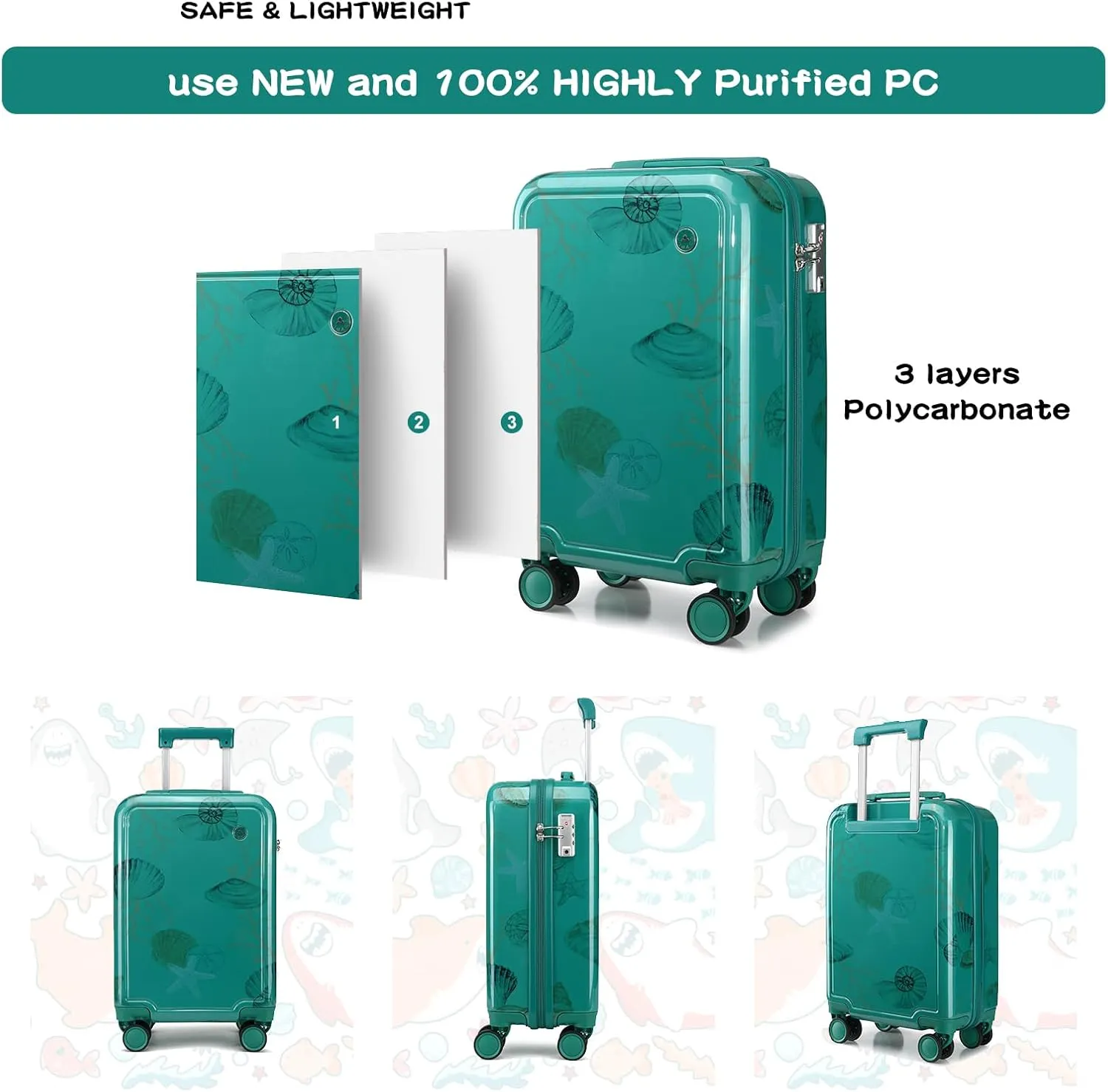 Somago 4 Piece Kid's Luggage with Backpack Set for Boys Girls Spinner 18" Hardside PC Rolling Carry on Suitcase with TSA Lock (Seashell Blue)