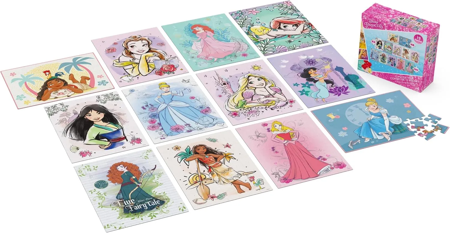 Spin Master Games, Disney Princess 12-Puzzle Bundle - Moana, Ariel, Mulan, Cinderella & More, with 48-Piece, 63-Piece, & 100-Piece Disney Puzzles for Kids, for Ages 4 & Up