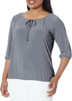 Star Vixen womens 3/4 Sleeve, Front Tie Peasant Top Blouse, Charcoal, Medium Petite US