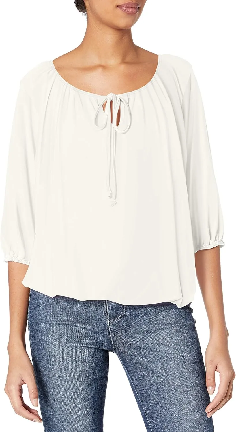 Star Vixen Women's 3/4 Sleeve, Front Tie Peasant Top