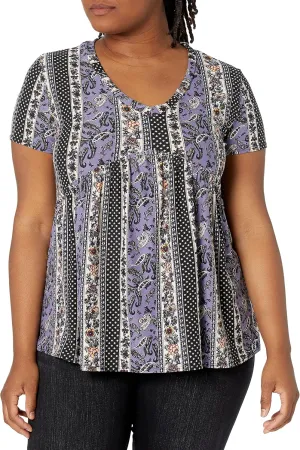 Star Vixen Women's Black Short Sleeve Babydoll Top With V Neck