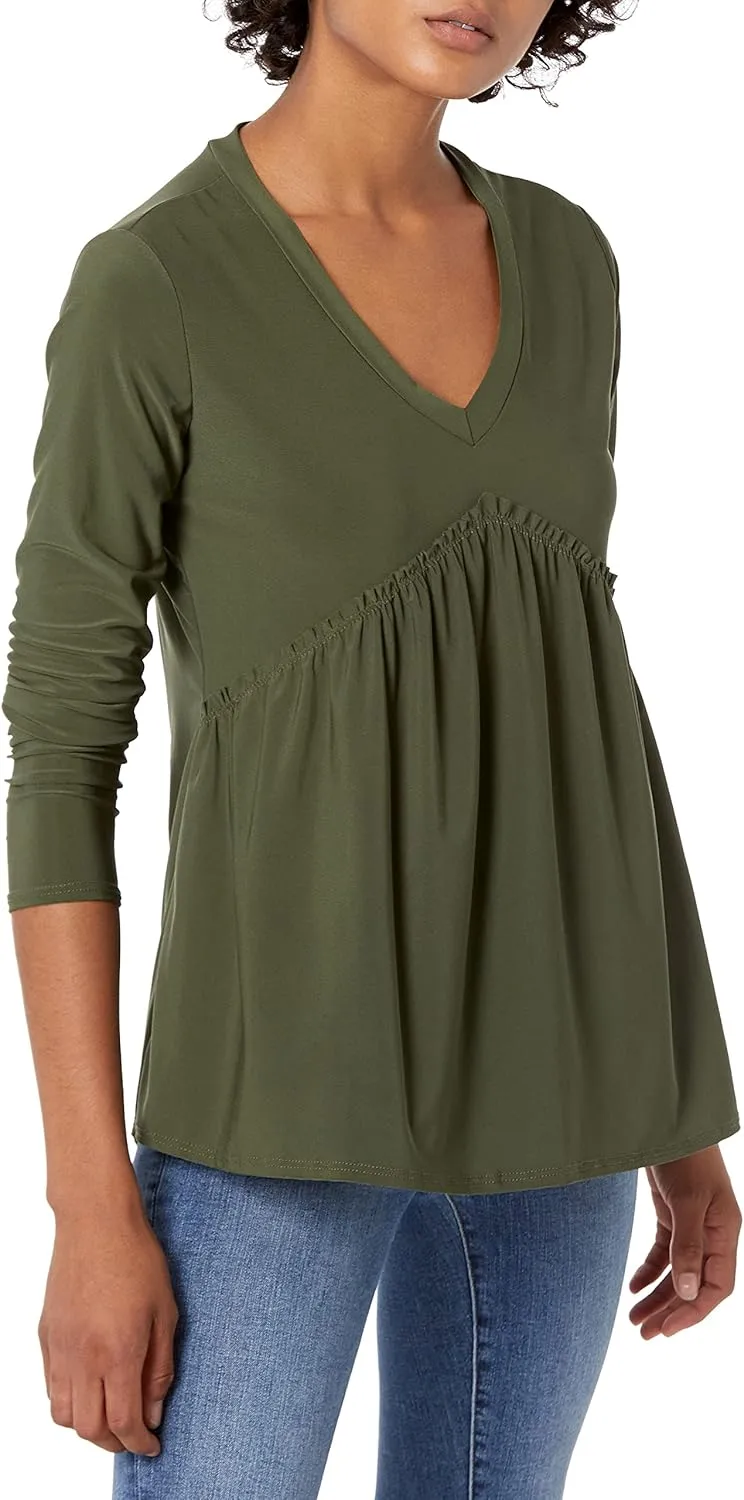 Star Vixen Women's Long Sleeve Babydoll Top with V Neck