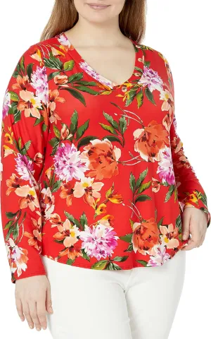 Star Vixen Women's Long Sleeve V Neck Top with Button Detail