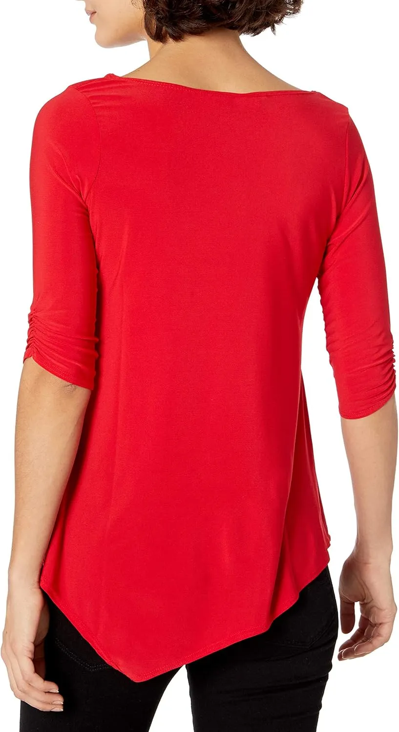 Star Vixen Women's Petite Elbow-Cinch Sleeve Hanky Hem Top