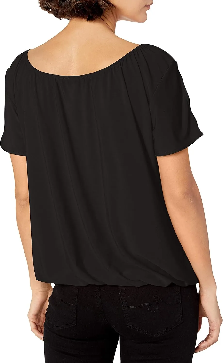 Star Vixen Women's Short/Slit Sleeve Keyhole-tie Peasant Top Bubble Hem