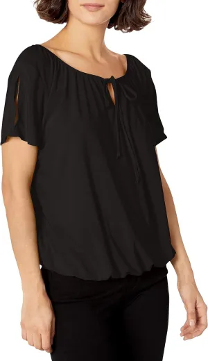 Star Vixen Women's Short/Slit Sleeve Keyhole-tie Peasant Top Bubble Hem