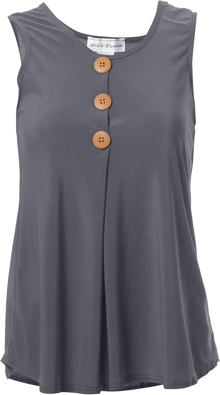 Star Vixen Women's Sleeveless Button Front Flowy Tank Top with Pleated Detail