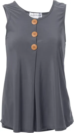 Star Vixen Women's Sleeveless Button Front Flowy Tank Top with Pleated Detail
