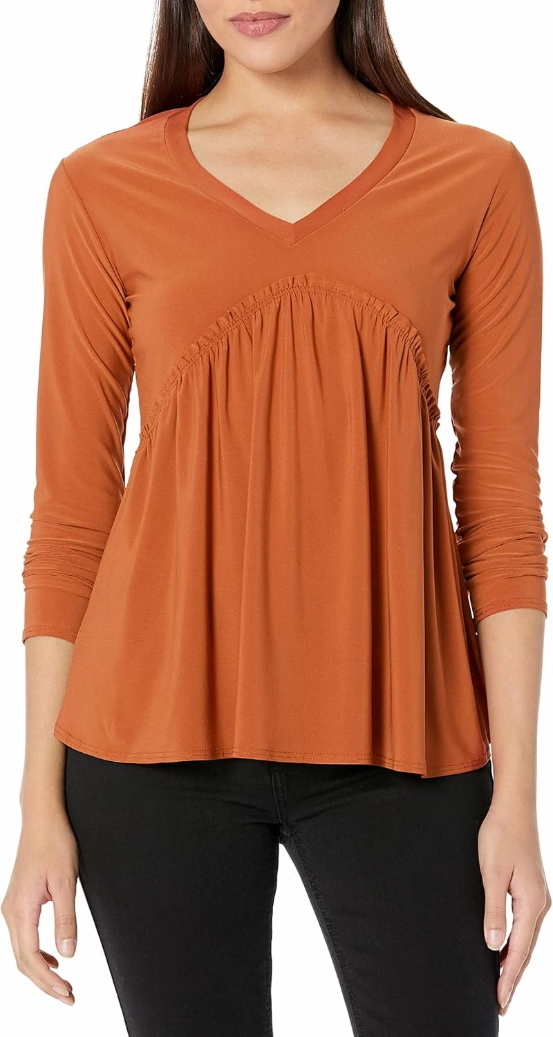 Star Vixen Women's Long Sleeve Babydoll Top with V Neck
