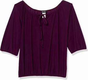 Star Vixen Women's Petite 3/4 Sleeve Peasant Elastic-Hem Keyhole-tie Top