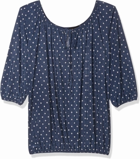 Star Vixen Women's Petite 3/4 Sleeve Peasant Elastic-Hem Keyhole-tie Top