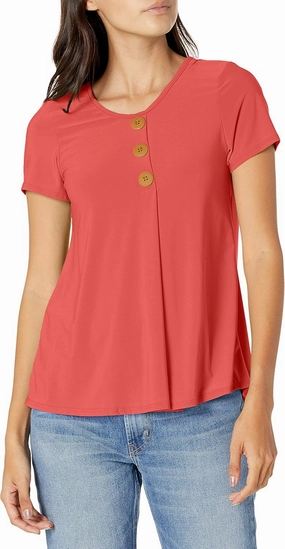 Star Vixen Women's Petite Elbow Sleeve Button Front Flowy Tank Top with Pleated Detail