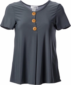 Star Vixen Women's Petite Elbow Sleeve Button Front Flowy Tank Top with Pleated Detail