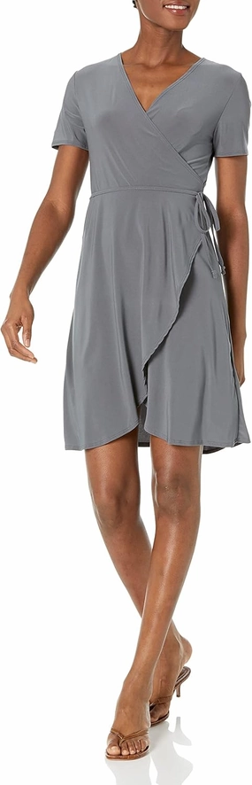 Star Vixen Women's Petite Short Sleeve Ballerina Wrap Dress, Charcoal, PL