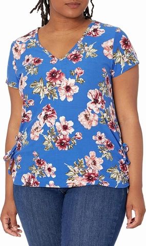 Star Vixen Women's Short Sleeve V Neck Top with Ruched Side Detail