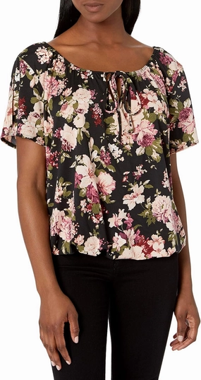 Star Vixen Women's Short/Slit Sleeve Keyhole-tie Peasant Top Bubble Hem